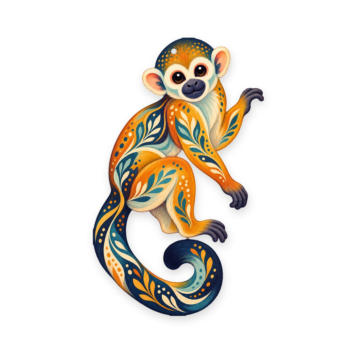Squirrel Monkey folk art ornament O426 on white, laser-cut maple wood, made in USA