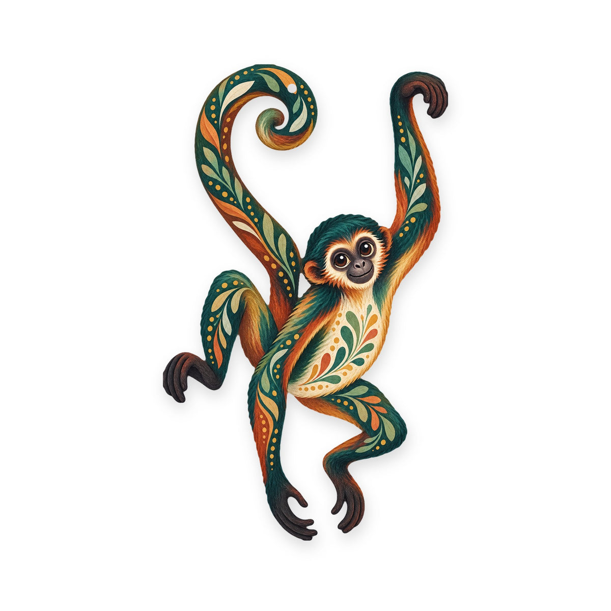 Spider Monkey folk art ornament O427 on white, laser-cut maple wood, made in USA