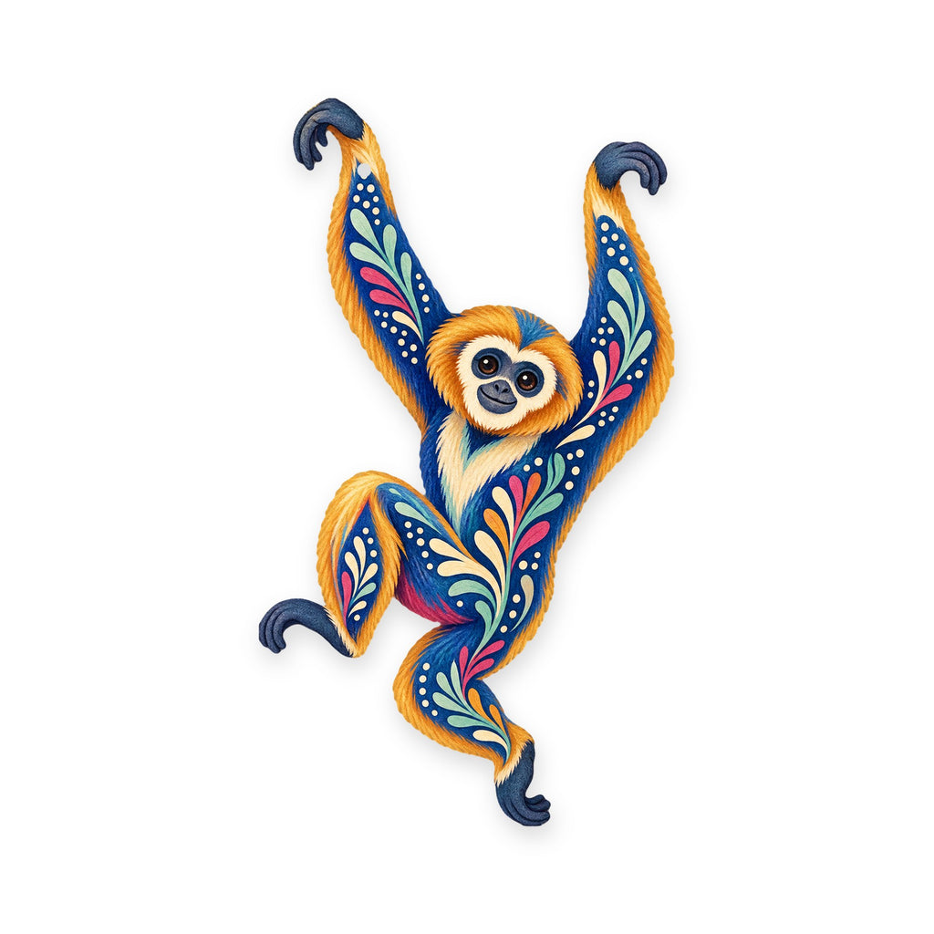 Gibbon folk art ornament O429 on white, laser-cut maple wood, made in USA