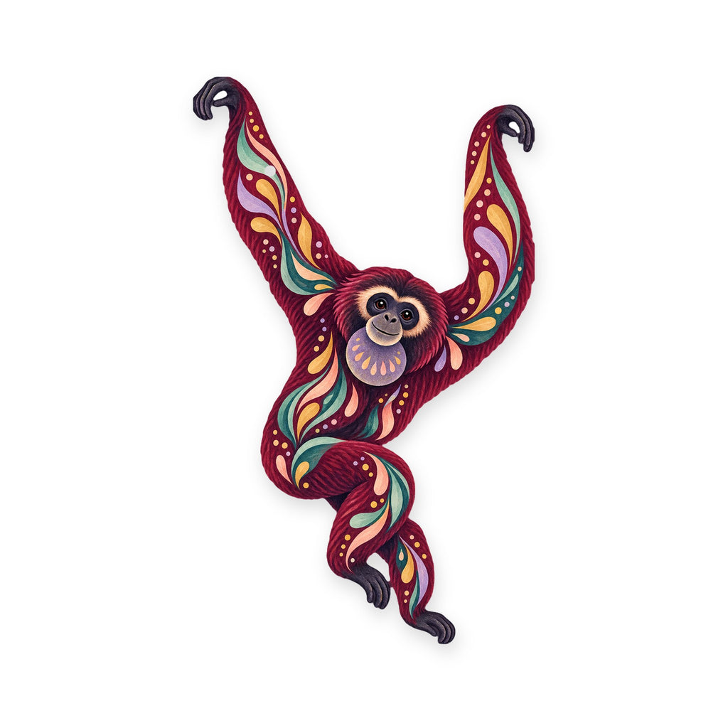 Siamang folk art ornament O430 on white, laser-cut maple wood, made in USA