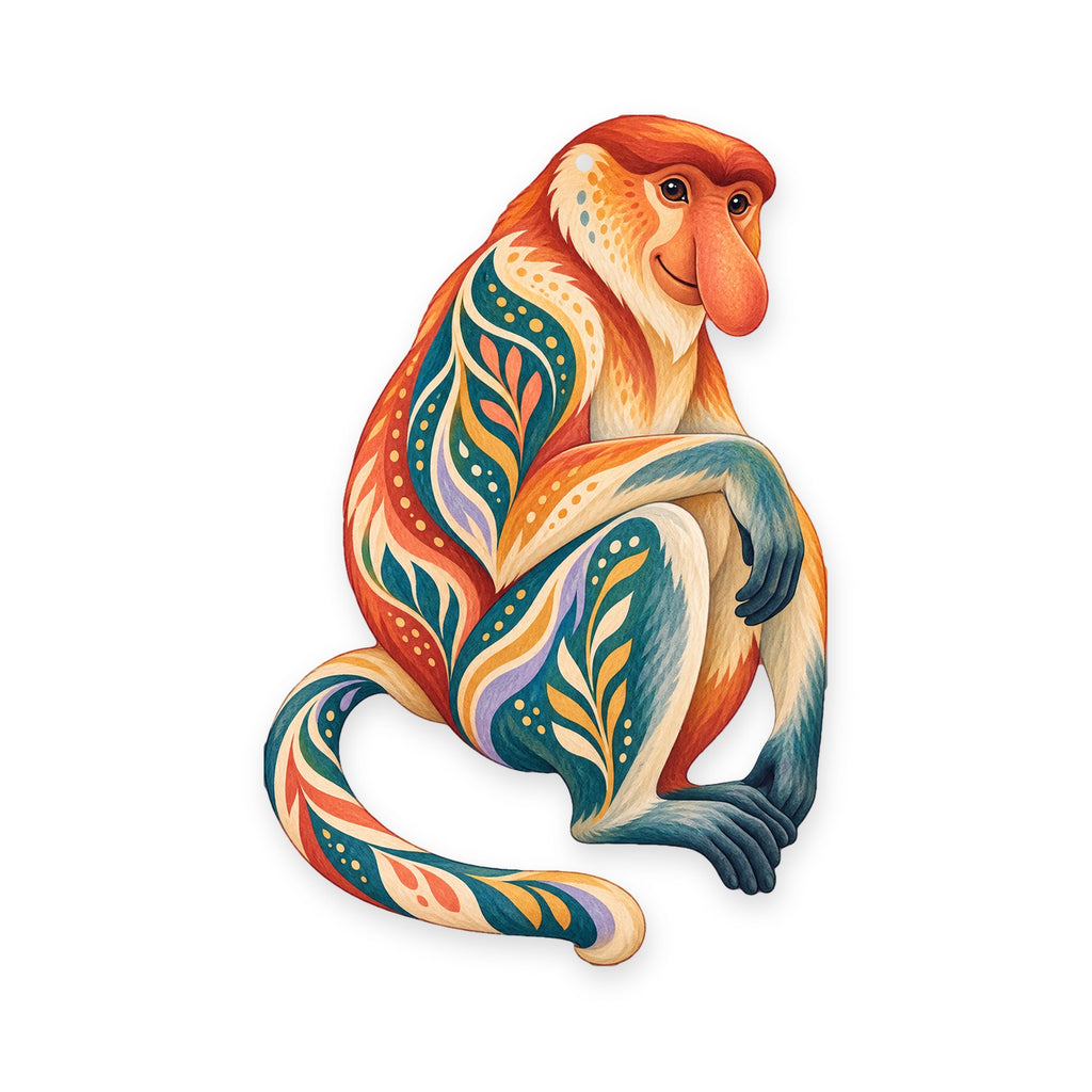 Proboscis Monkey folk art ornament O431 on white, laser-cut maple wood, made in USA