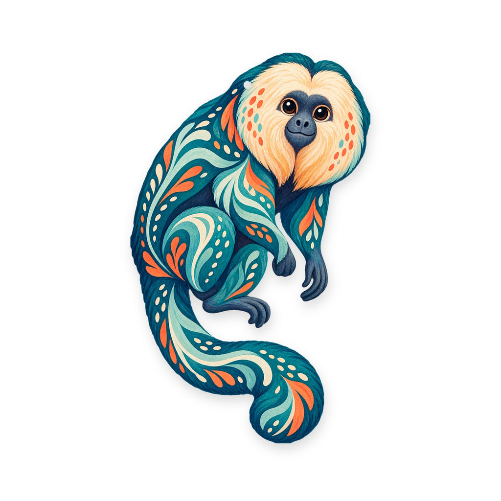 Saki Monkey folk art ornament O433 on white, laser-cut maple wood, made in USA