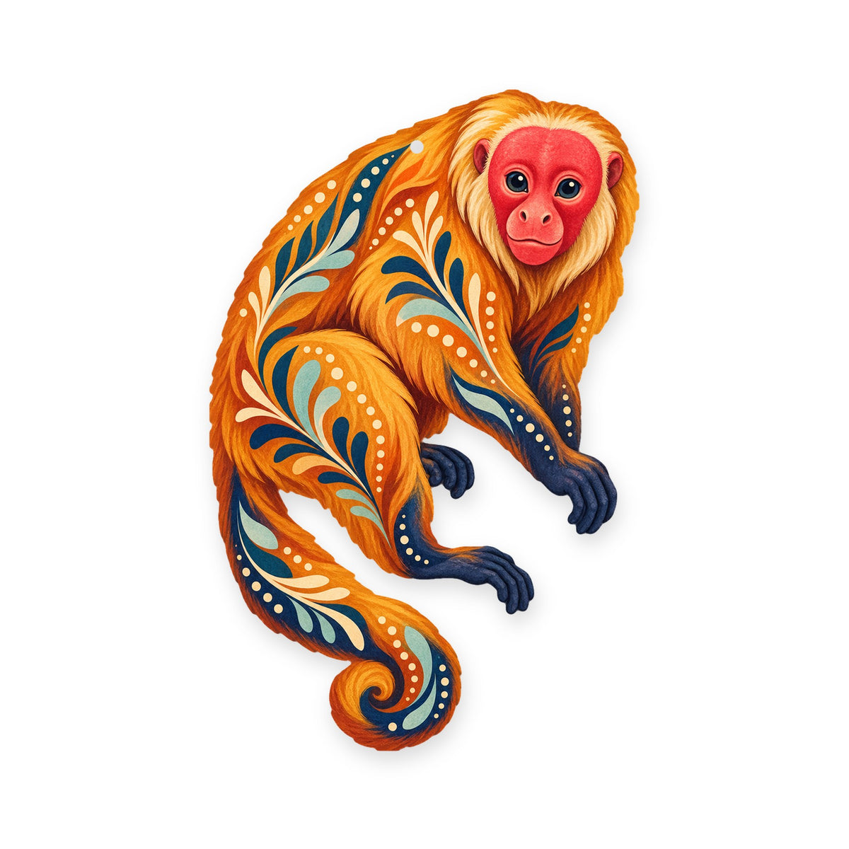 Bald Uakari folk art ornament O434 on white, laser-cut maple wood, made in USA