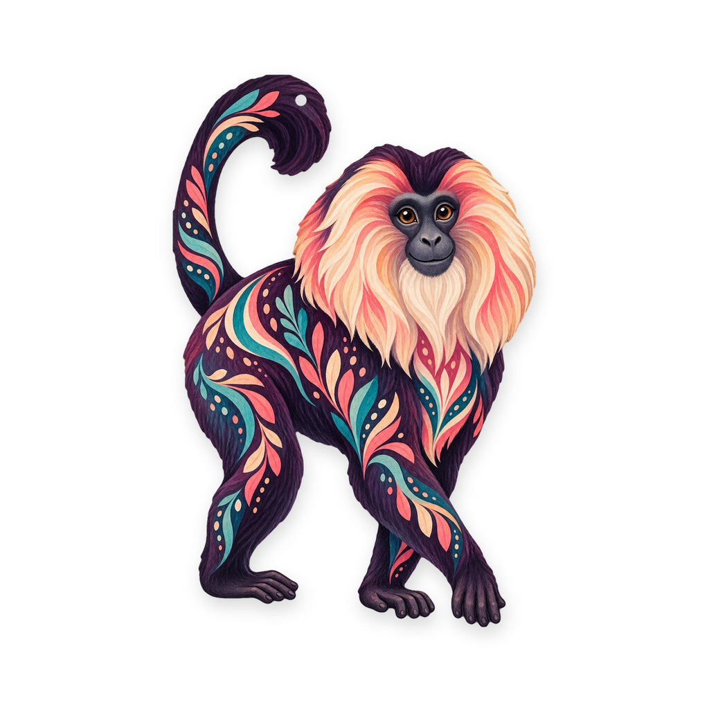 Lion-Tailed Macaque folk art ornament O436 on white, laser-cut maple wood, made in USA