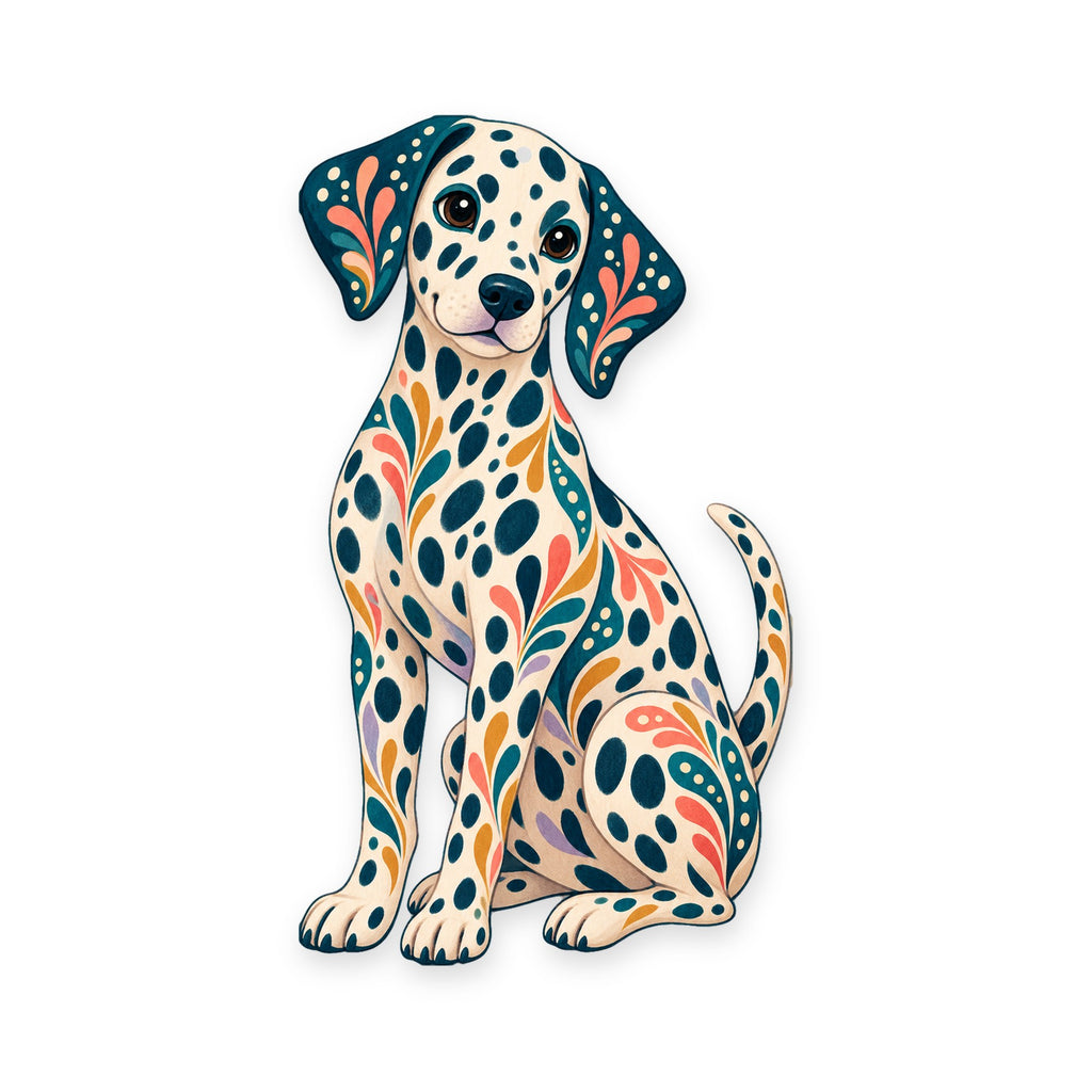 Dalmatian folk art ornament O439 on white, laser-cut maple wood, made in USA