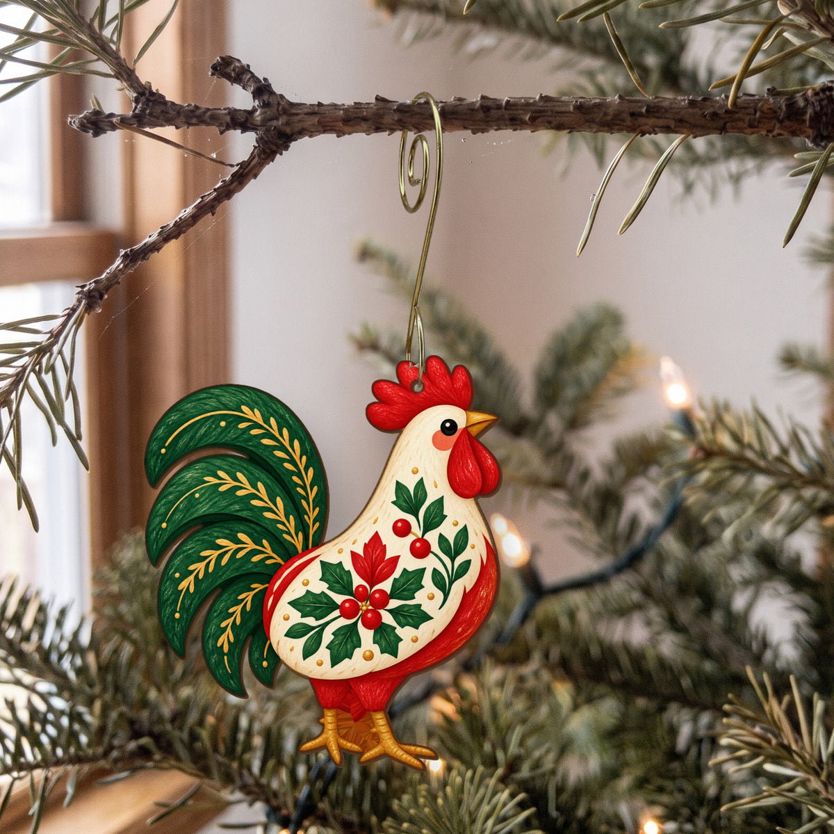 Laser-cut maple wood Christmas ornament O43 hanging on a fir branch, made in USA