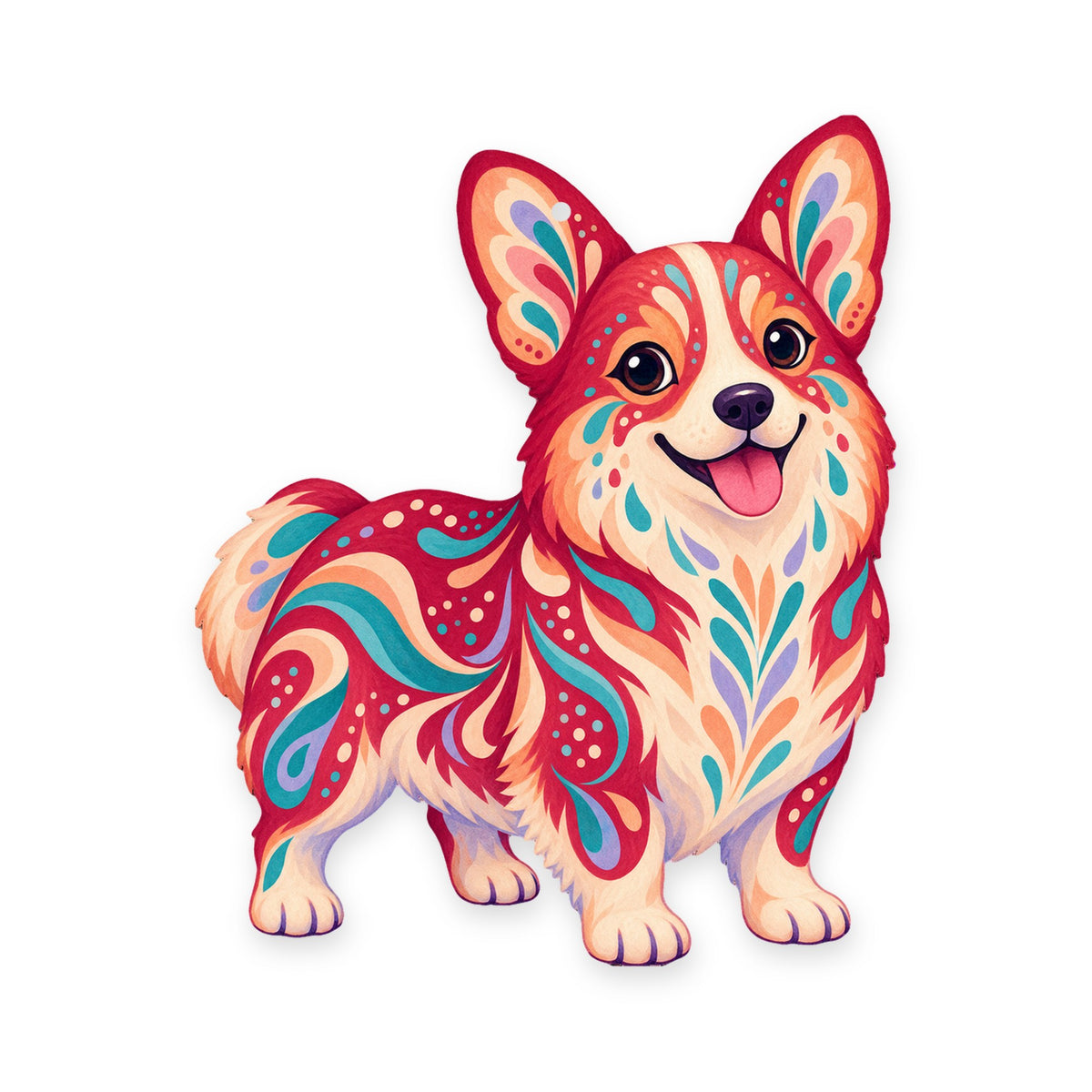Corgi folk art ornament O440 on white, laser-cut maple wood, made in USA
