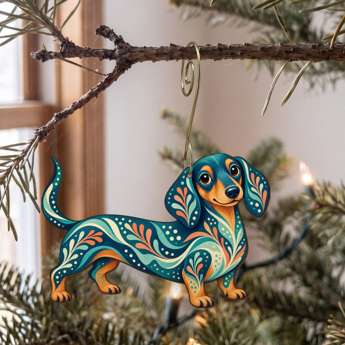 Laser-cut maple wood Dachshund folk art ornament O441 hanging on a fir branch, made in USA
