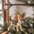 Laser-cut maple wood Beagle folk art ornament O442 hanging on a fir branch, made in USA