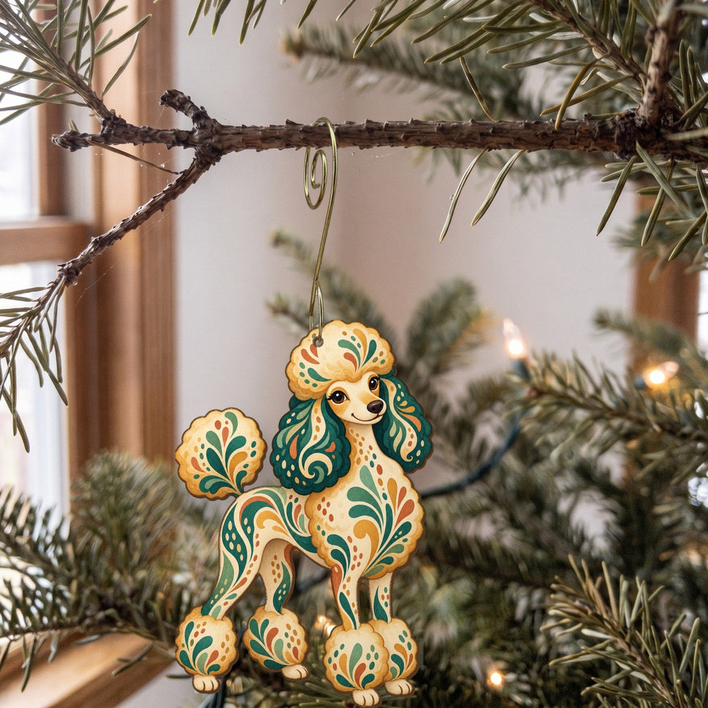 Laser-cut maple wood Poodle folk art ornament O443 hanging on a fir branch, made in USA