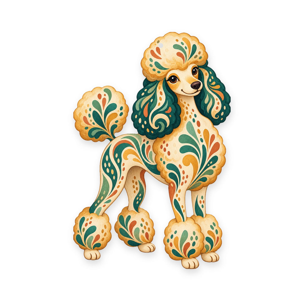 Poodle folk art ornament O443 on white, laser-cut maple wood, made in USA