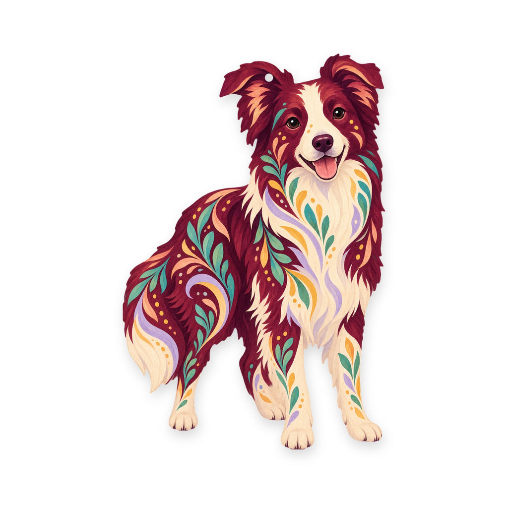 Border Collie folk art ornament O446 on white, laser-cut maple wood, made in USA