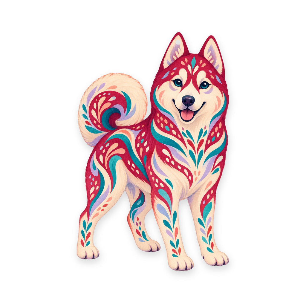 Siberian Husky folk art ornament O448 on white, laser-cut maple wood, made in USA