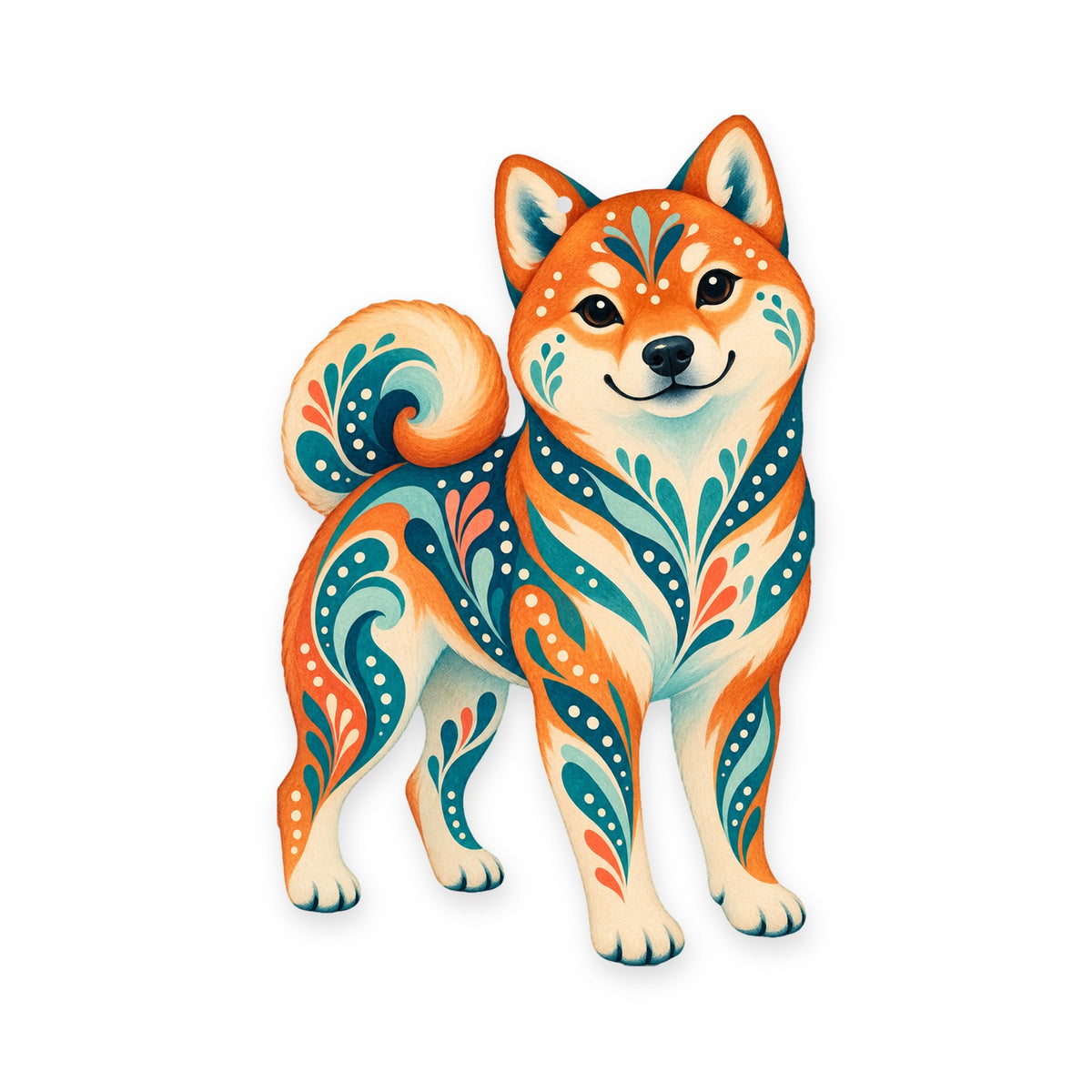 Shiba Inu folk art ornament O449 on white, laser-cut maple wood, made in USA