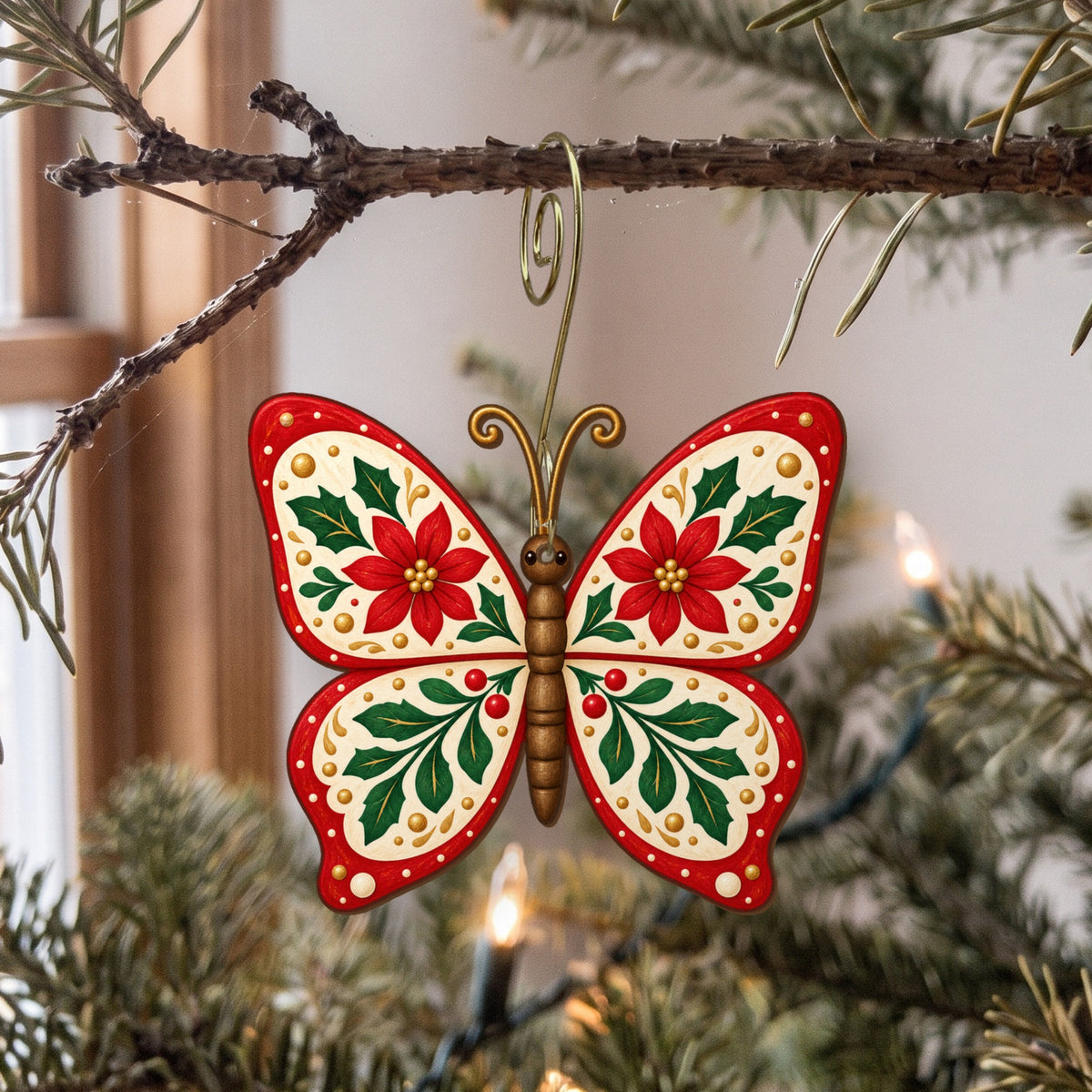Laser-cut maple wood Christmas ornament O44 hanging on a fir branch, made in USA