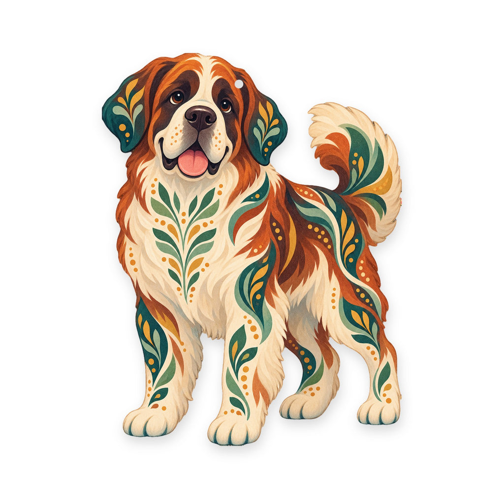 Saint Bernard folk art ornament O451 on white, laser-cut maple wood, made in USA