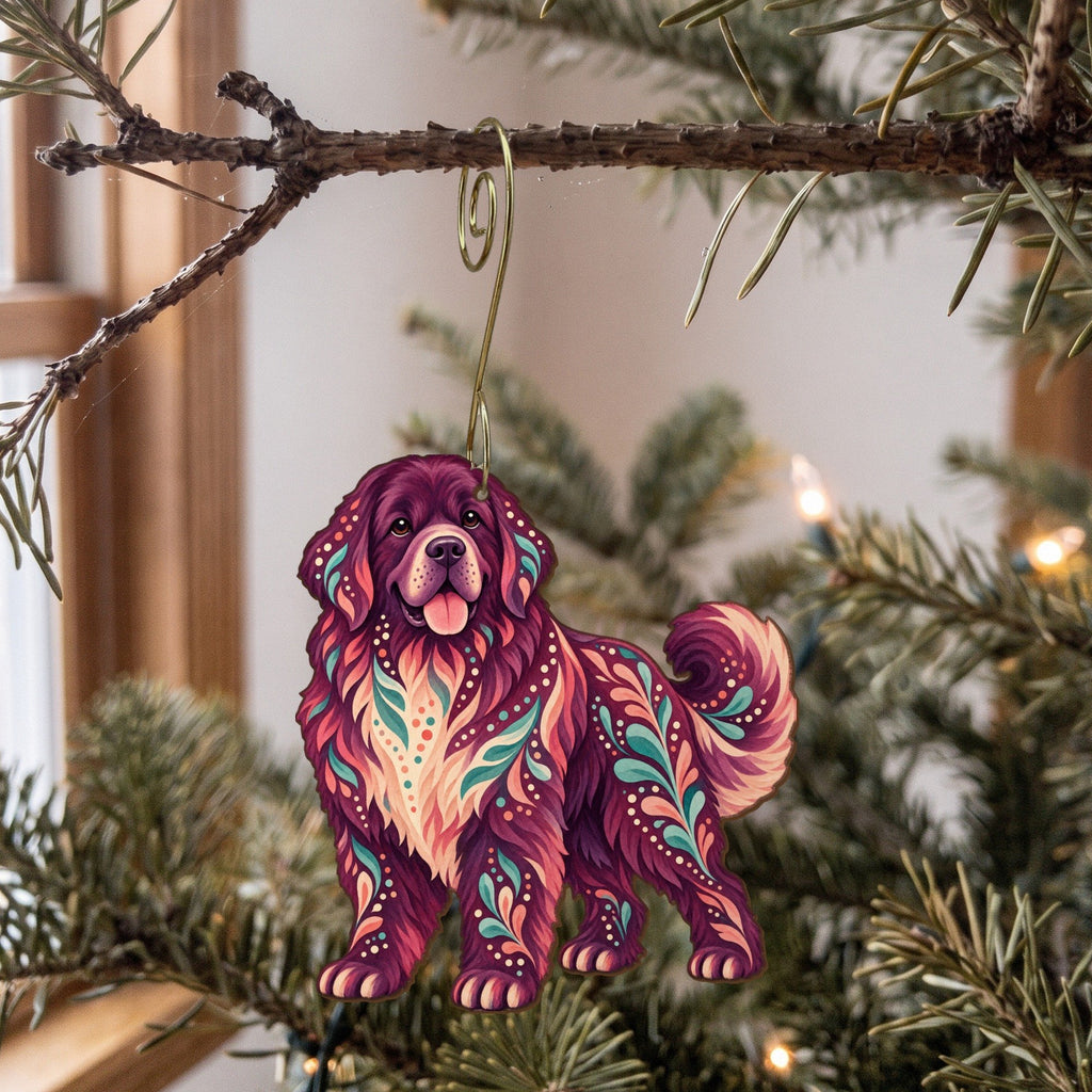 Laser-cut maple wood Newfoundland Dog folk art ornament O452 hanging on a fir branch, made in USA