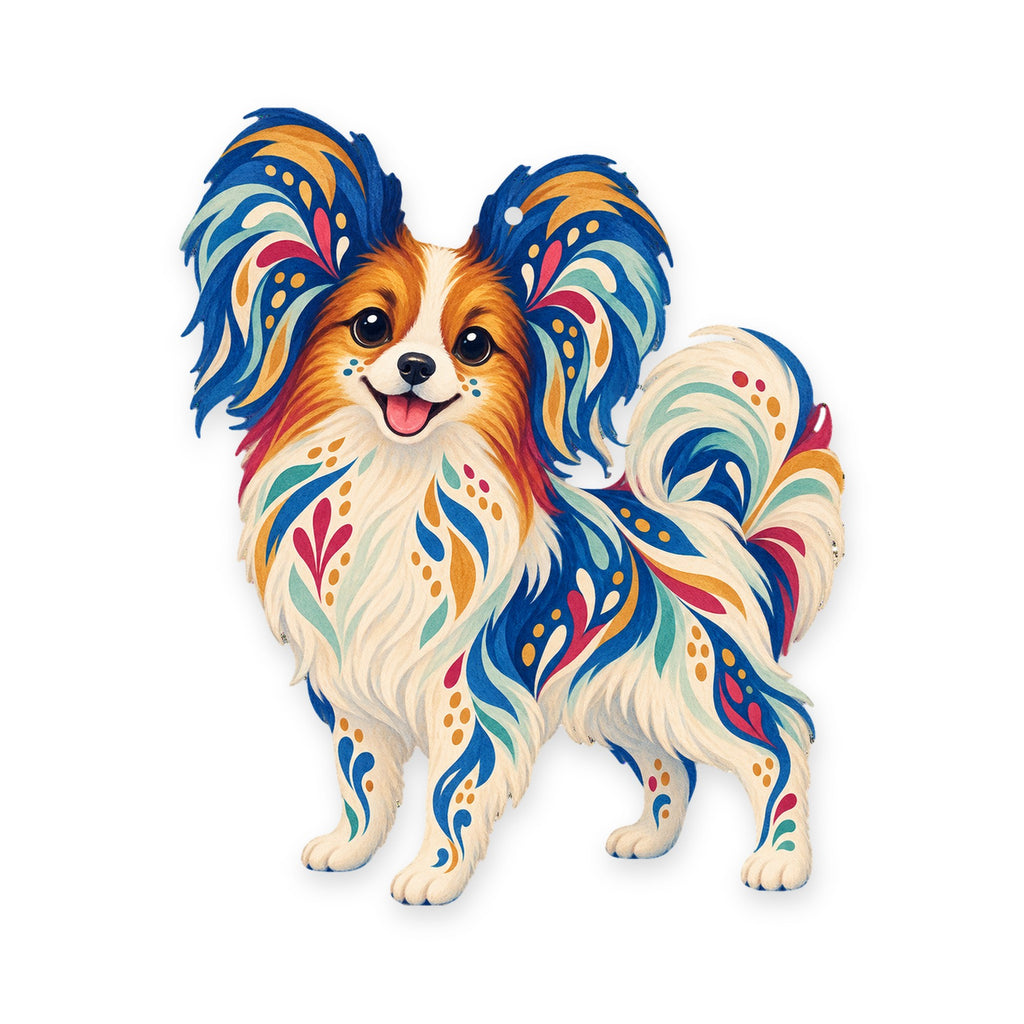 Papillon Dog folk art ornament O453 on white, laser-cut maple wood, made in USA