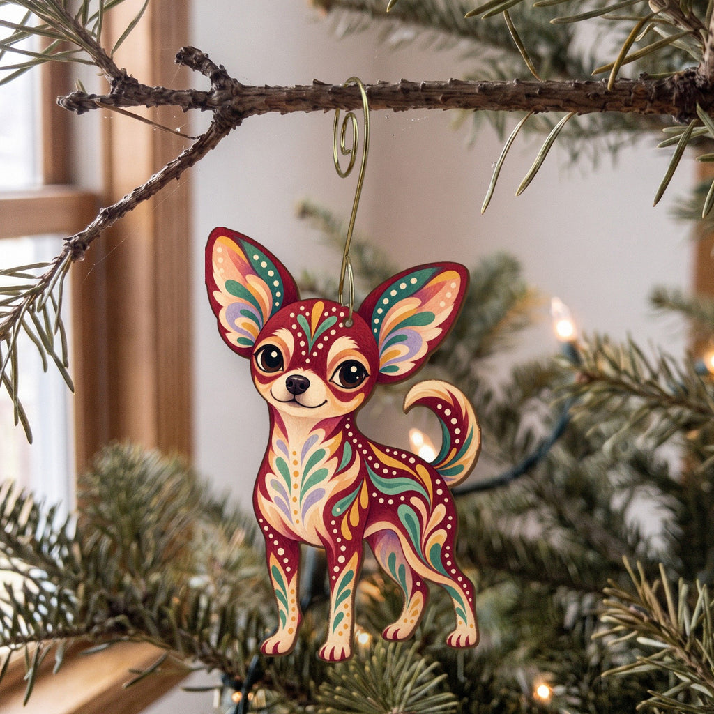 Laser-cut maple wood Chihuahua folk art ornament O454 hanging on a fir branch, made in USA