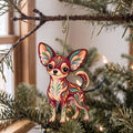 Laser-cut maple wood Chihuahua folk art ornament O454 hanging on a fir branch, made in USA