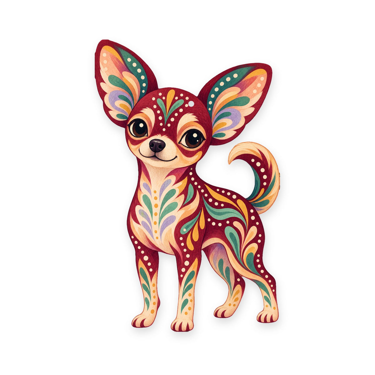 Chihuahua folk art ornament O454 on white, laser-cut maple wood, made in USA