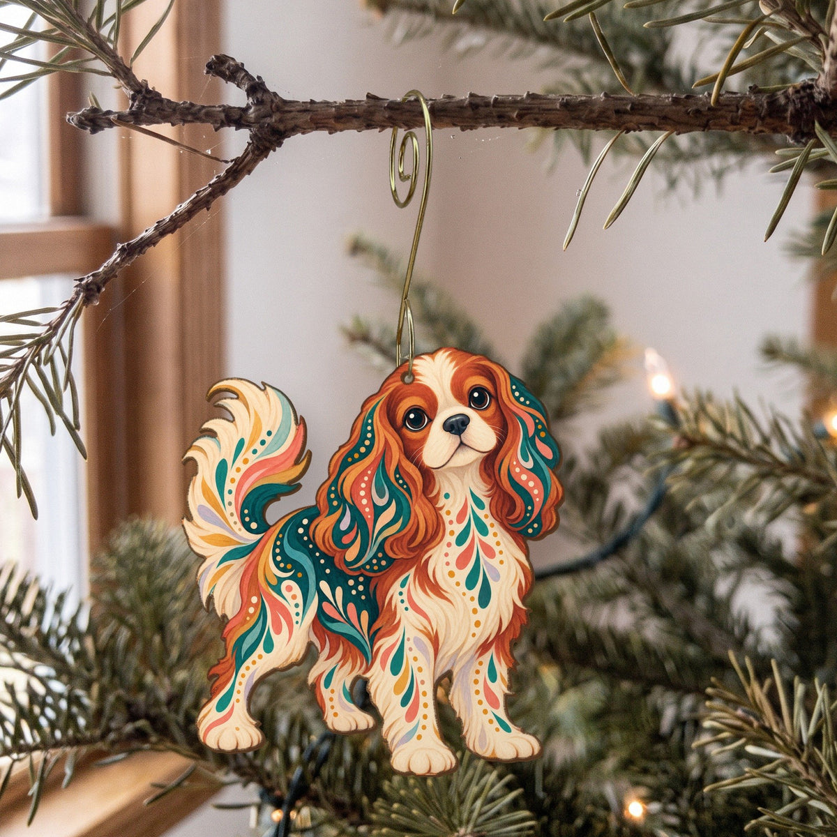 Laser-cut maple wood Cavalier King Charles Spaniel folk art ornament O455 hanging on a fir branch, made in USA