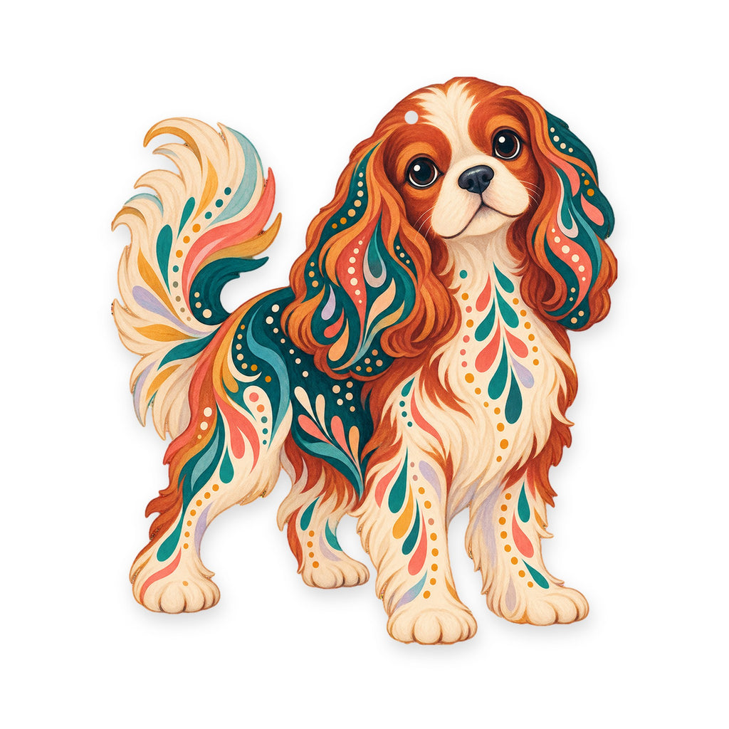 Cavalier King Charles Spaniel folk art ornament O455 on white, laser-cut maple wood, made in USA