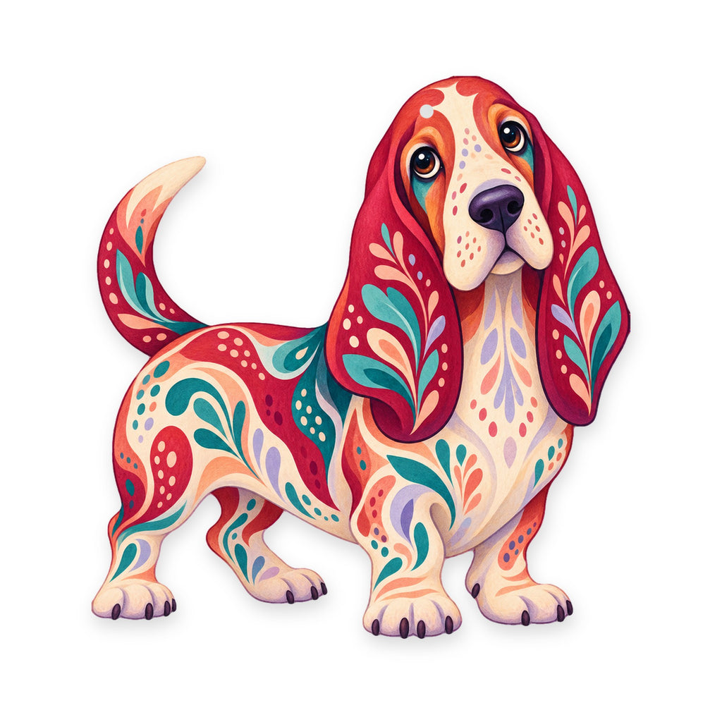 Basset Hound folk art ornament O456 on white, laser-cut maple wood, made in USA