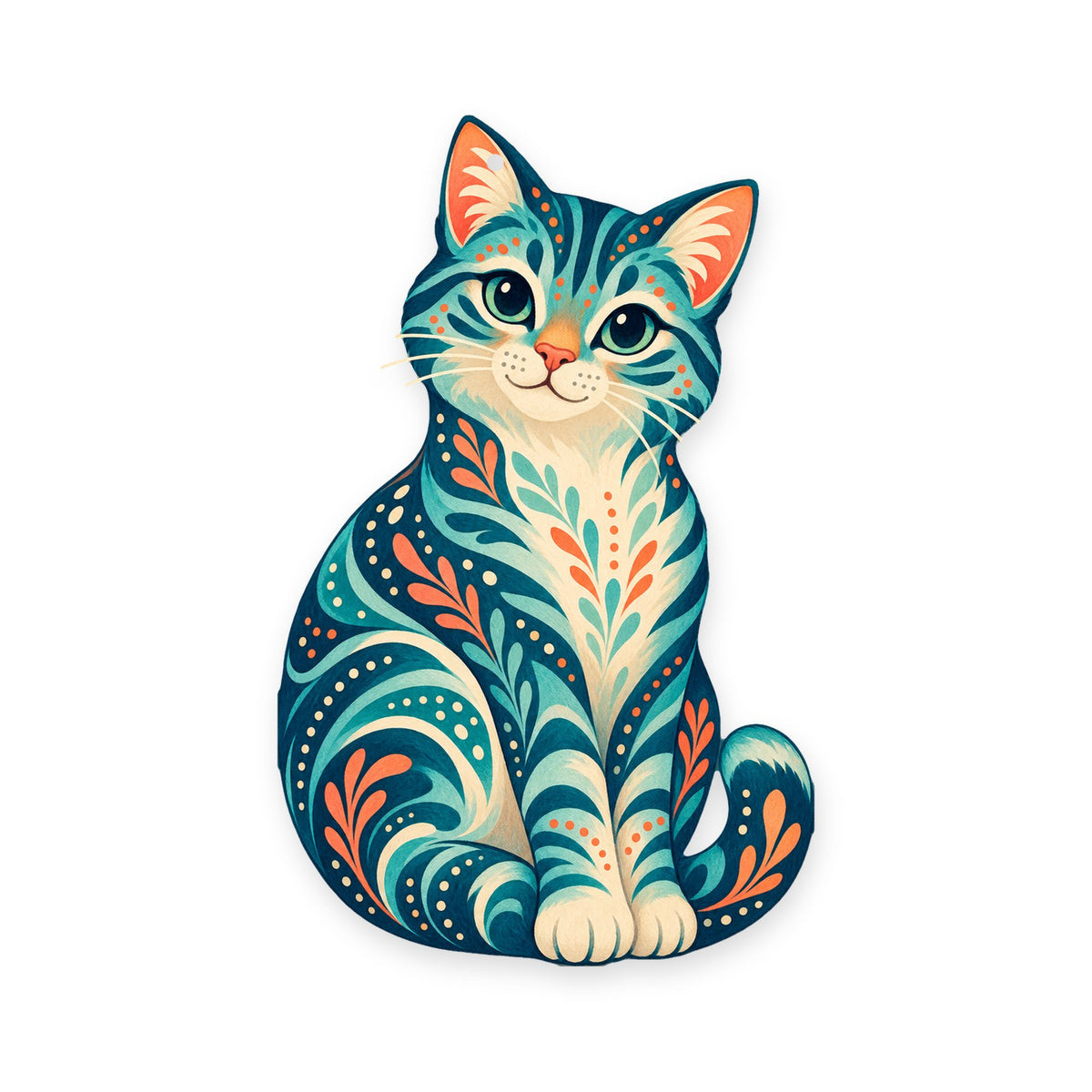 Tabby Cat folk art ornament O457 on white, laser-cut maple wood, made in USA