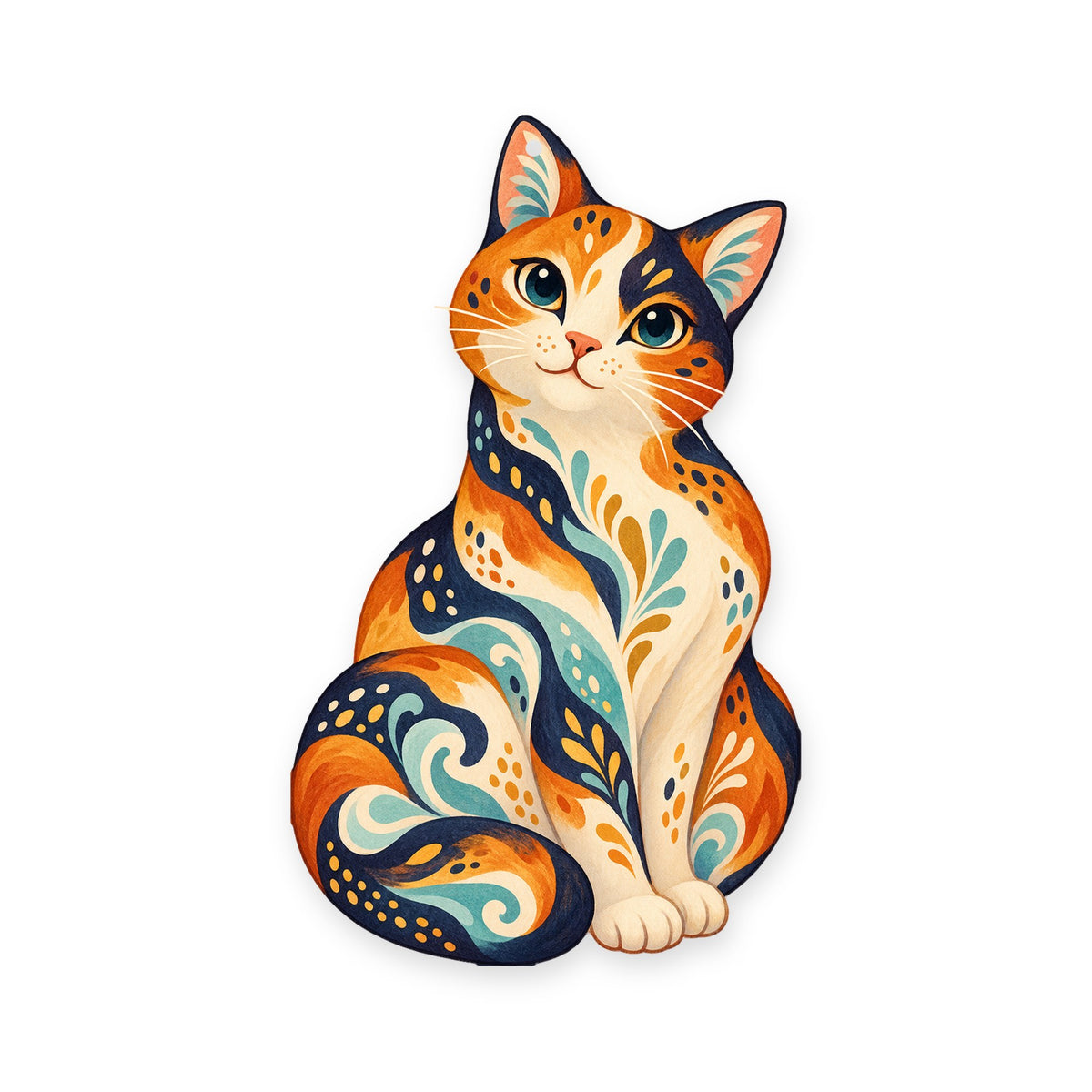 Calico Cat folk art ornament O458 on white, laser-cut maple wood, made in USA