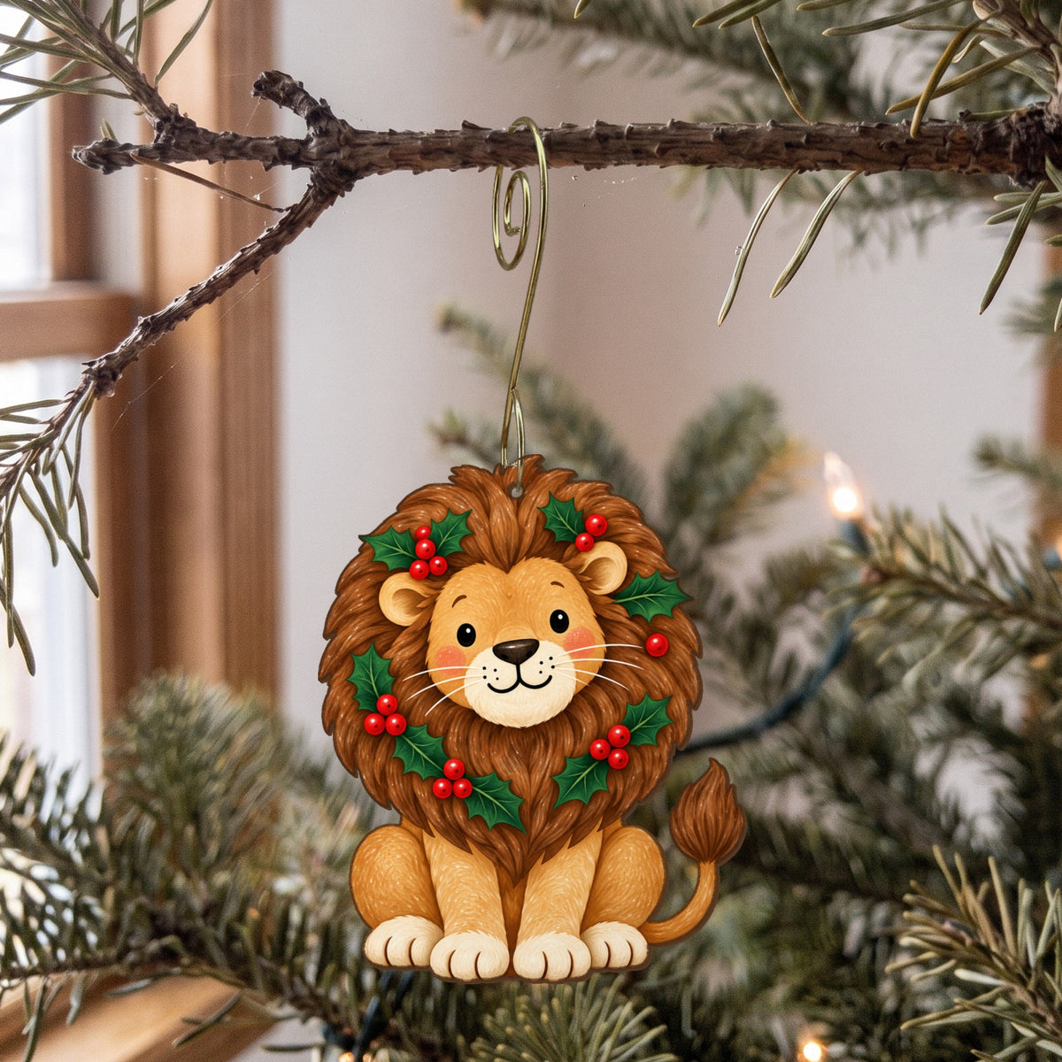 Laser-cut maple wood Christmas ornament O45 hanging on a fir branch, made in USA