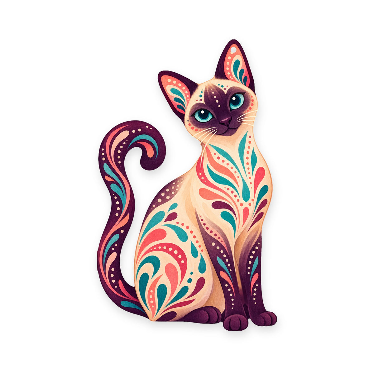 Siamese Cat folk art ornament O460 on white, laser-cut maple wood, made in USA