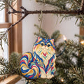 Laser-cut maple wood Persian Cat folk art ornament O461 hanging on a fir branch, made in USA