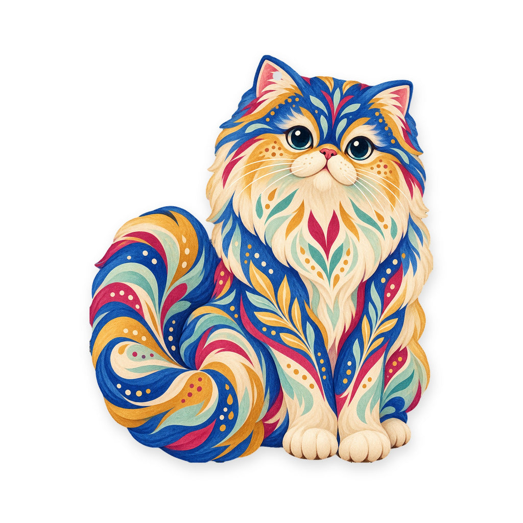 Persian Cat folk art ornament O461 on white, laser-cut maple wood, made in USA