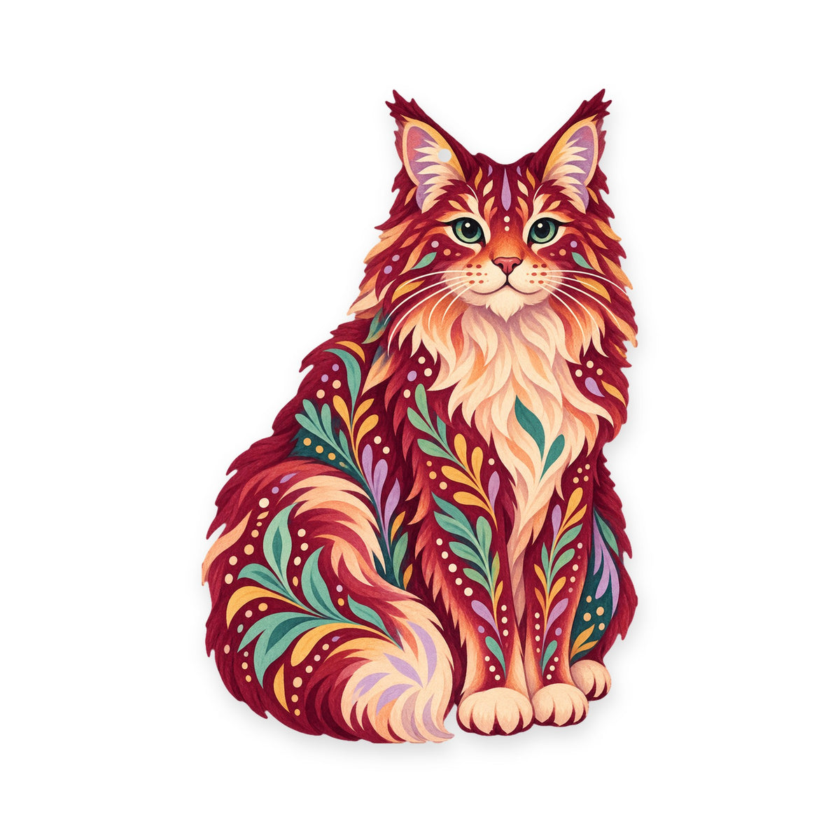 Maine Coon Cat folk art ornament O462 on white, laser-cut maple wood, made in USA