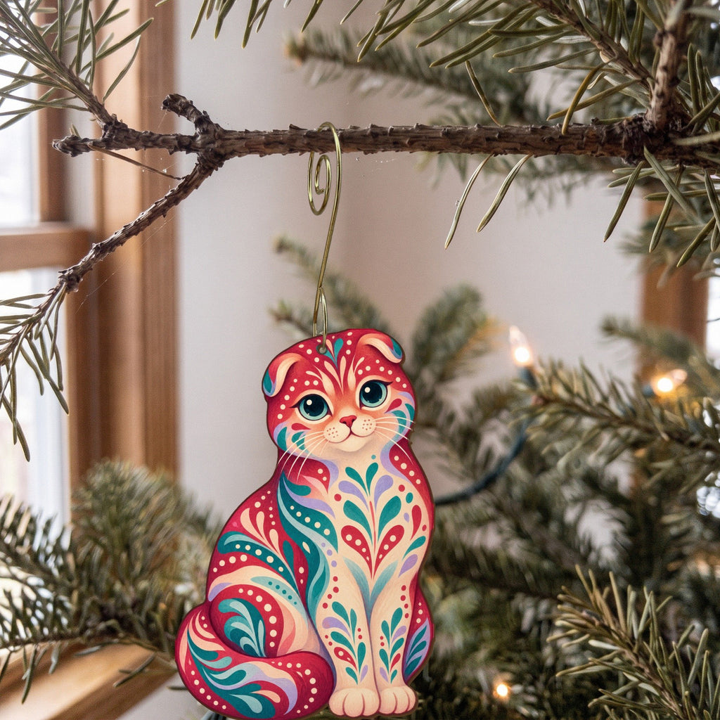 Laser-cut maple wood Scottish Fold Cat folk art ornament O464 hanging on a fir branch, made in USA