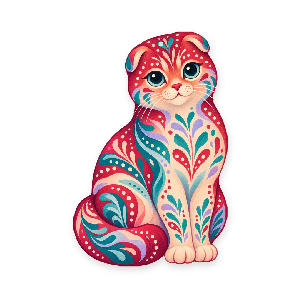 Scottish Fold Cat folk art ornament O464 on white, laser-cut maple wood, made in USA