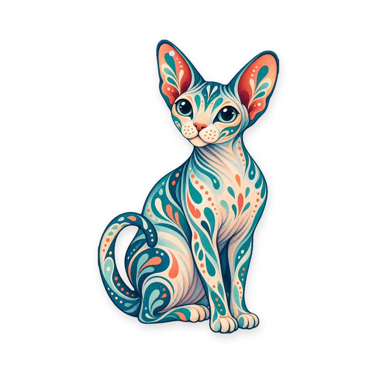 Sphynx Cat folk art ornament O465 on white, laser-cut maple wood, made in USA