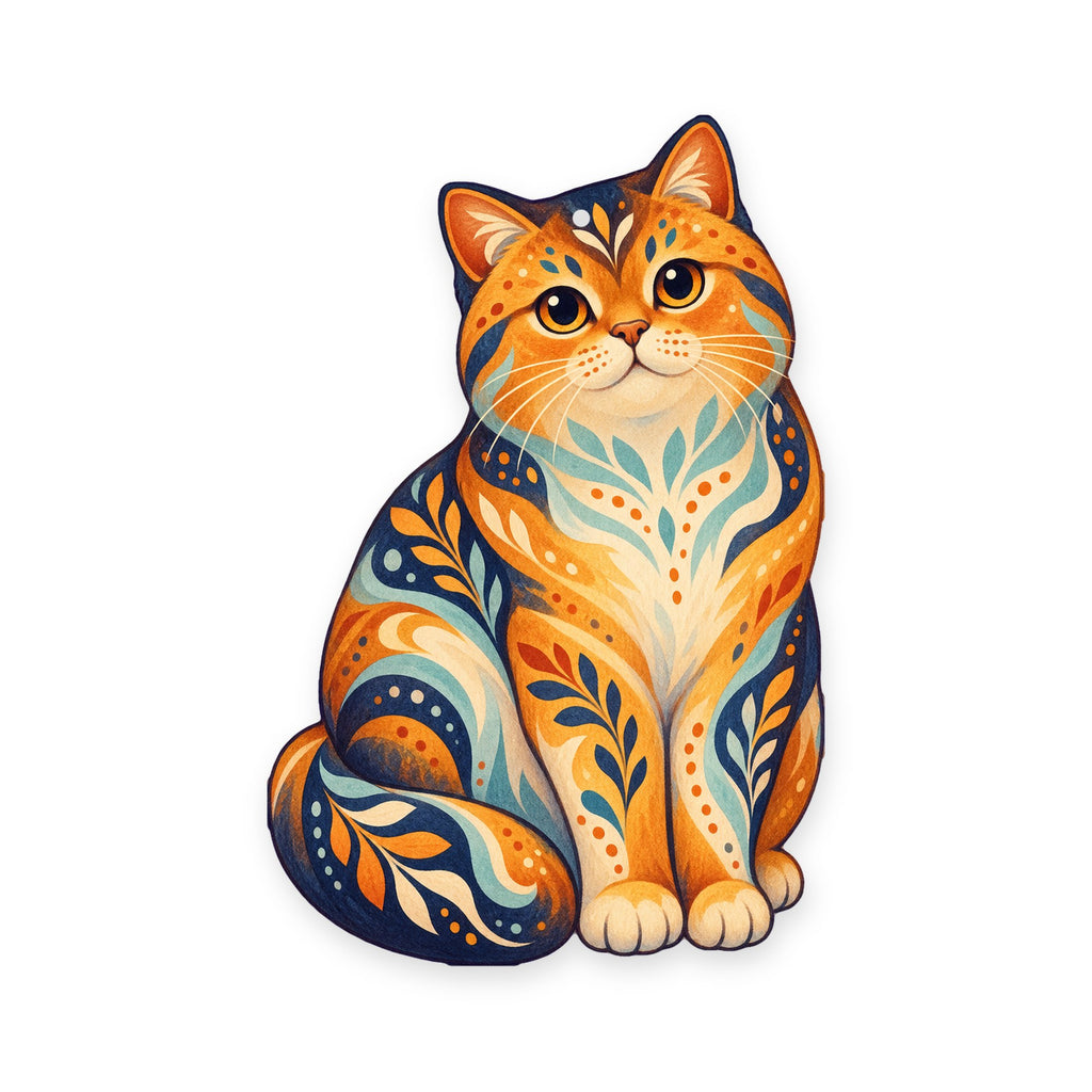 British Shorthair Cat folk art ornament O466 on white, laser-cut maple wood, made in USA
