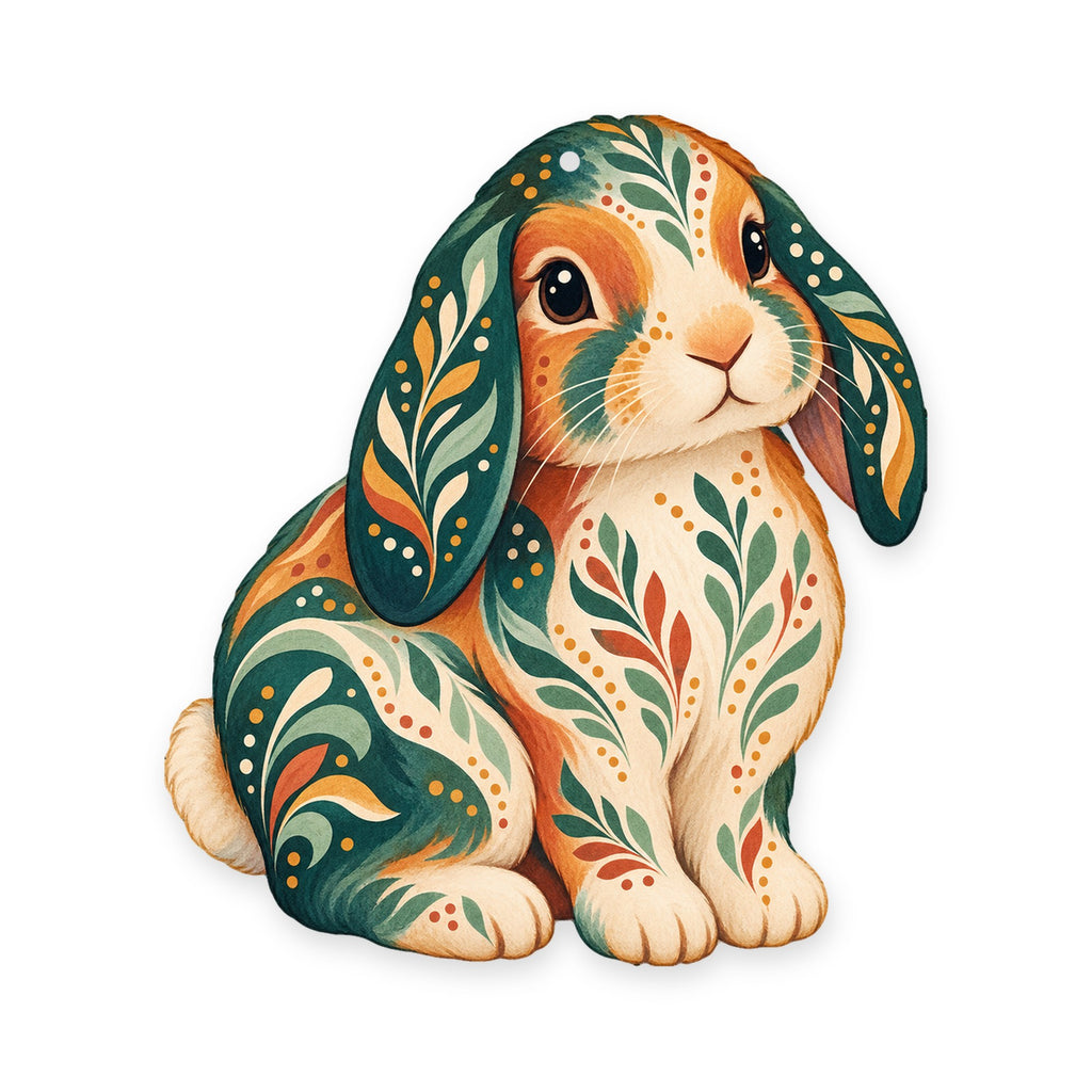 Holland Lop Rabbit folk art ornament O467 on white, laser-cut maple wood, made in USA