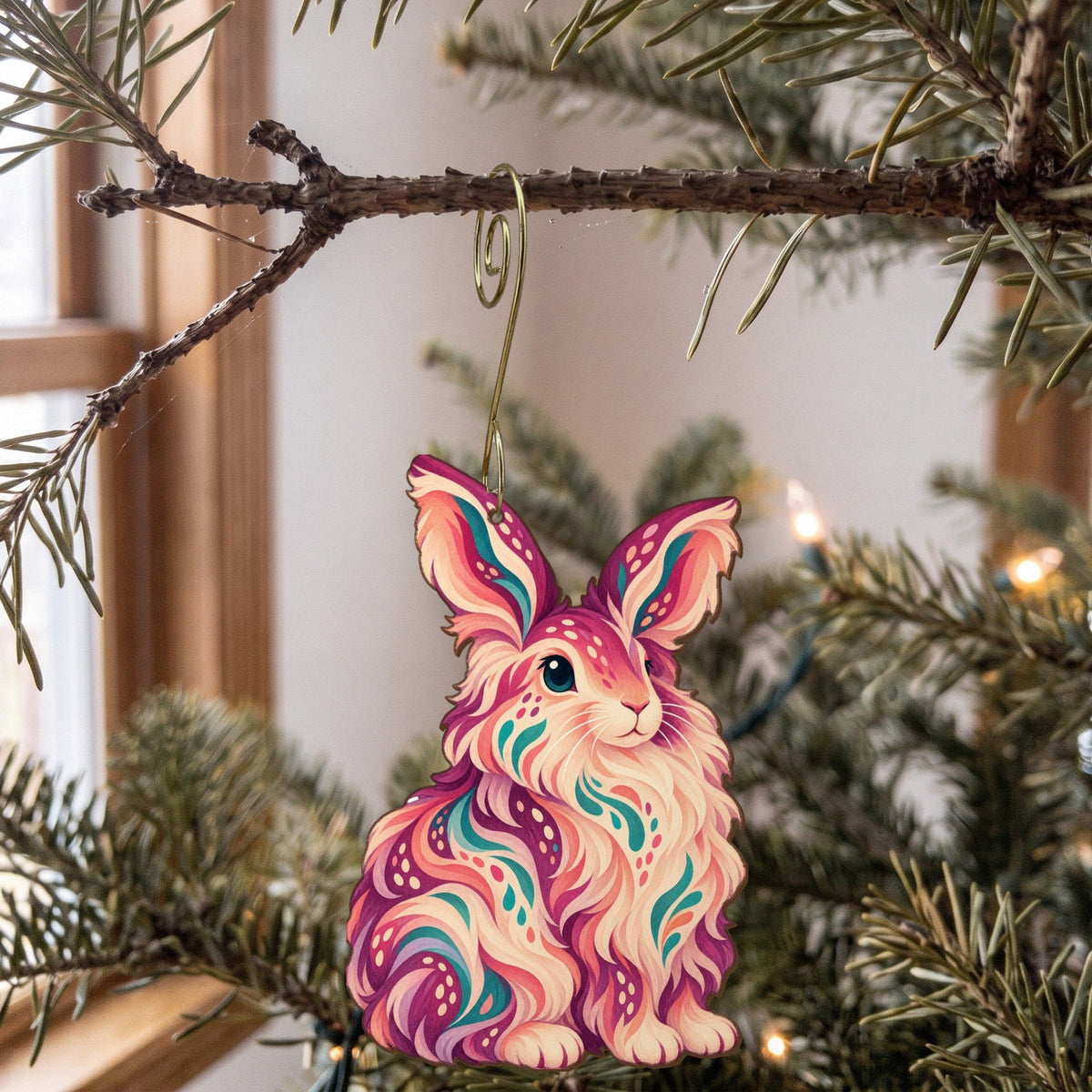 Laser-cut maple wood Angora Rabbit folk art ornament O468 hanging on a fir branch, made in USA