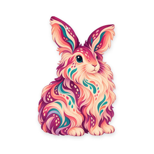 Angora Rabbit folk art ornament O468 on white, laser-cut maple wood, made in USA