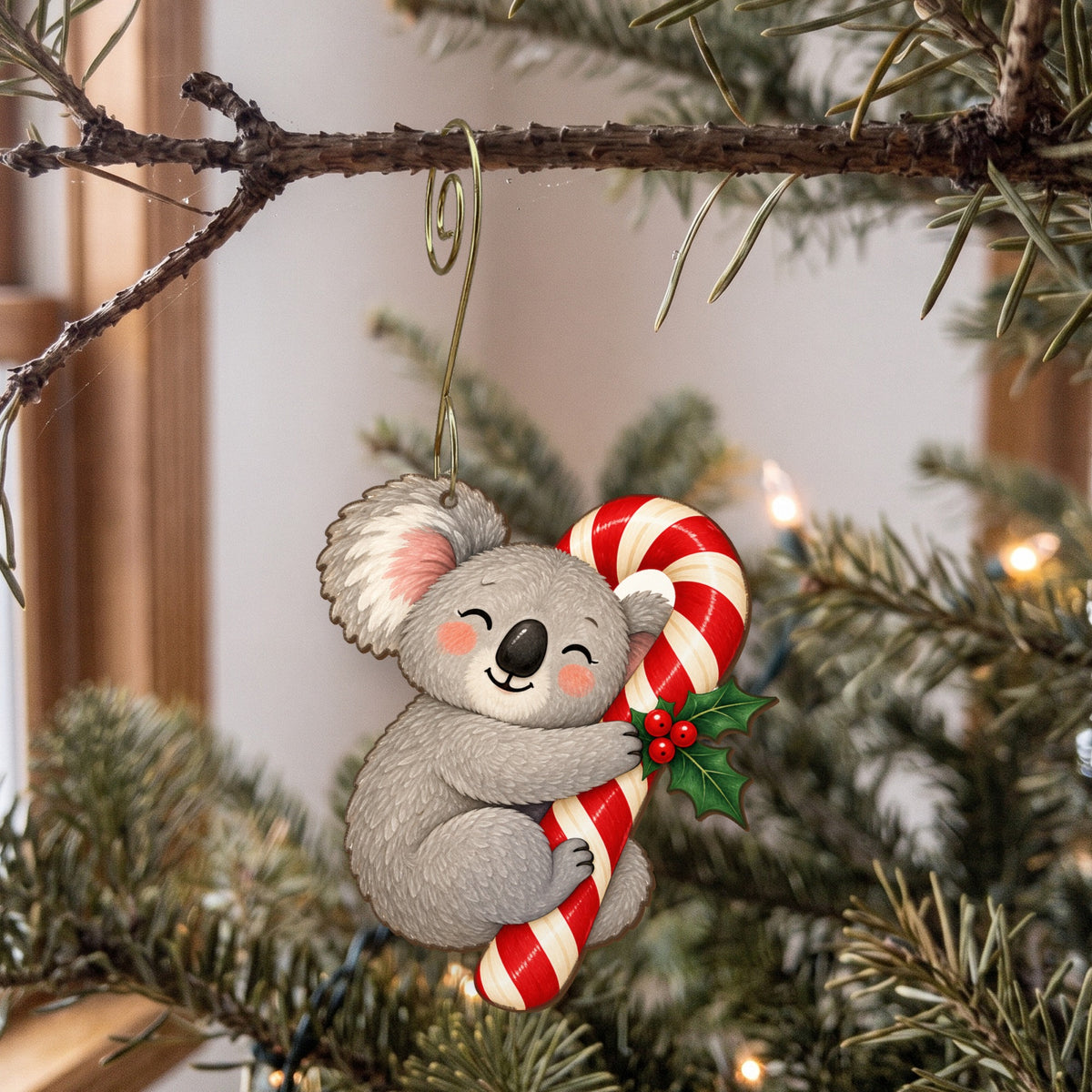 Laser-cut maple wood Christmas ornament O46 hanging on a fir branch, made in USA