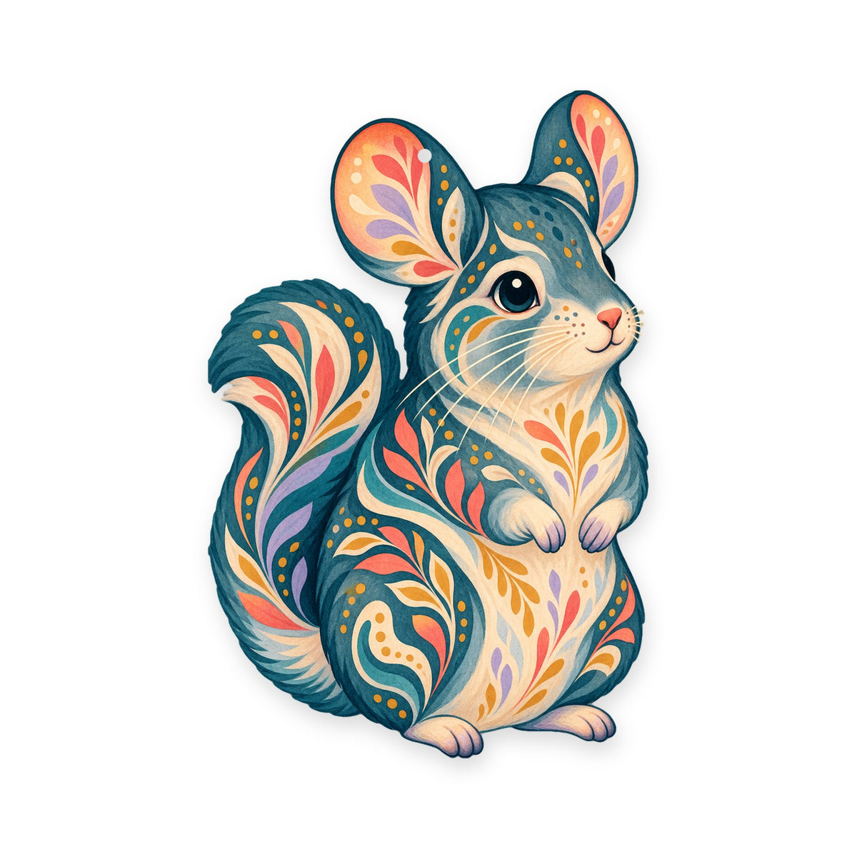 Chinchilla folk art ornament O471 on white, laser-cut maple wood, made in USA