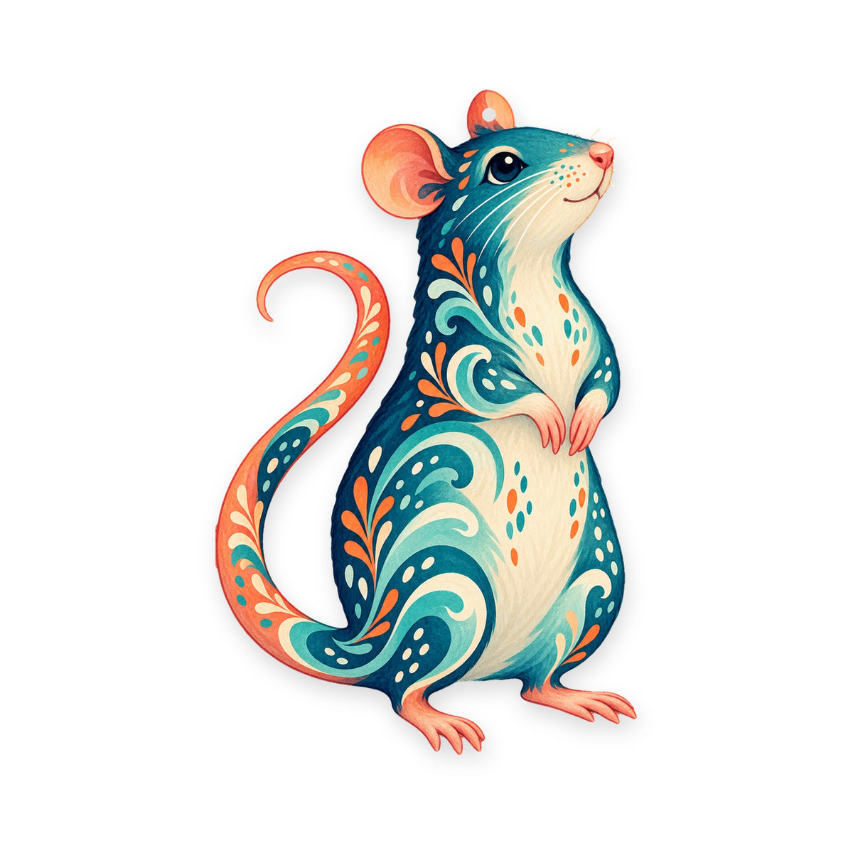 Fancy Rat folk art ornament O473 on white, laser-cut maple wood, made in USA