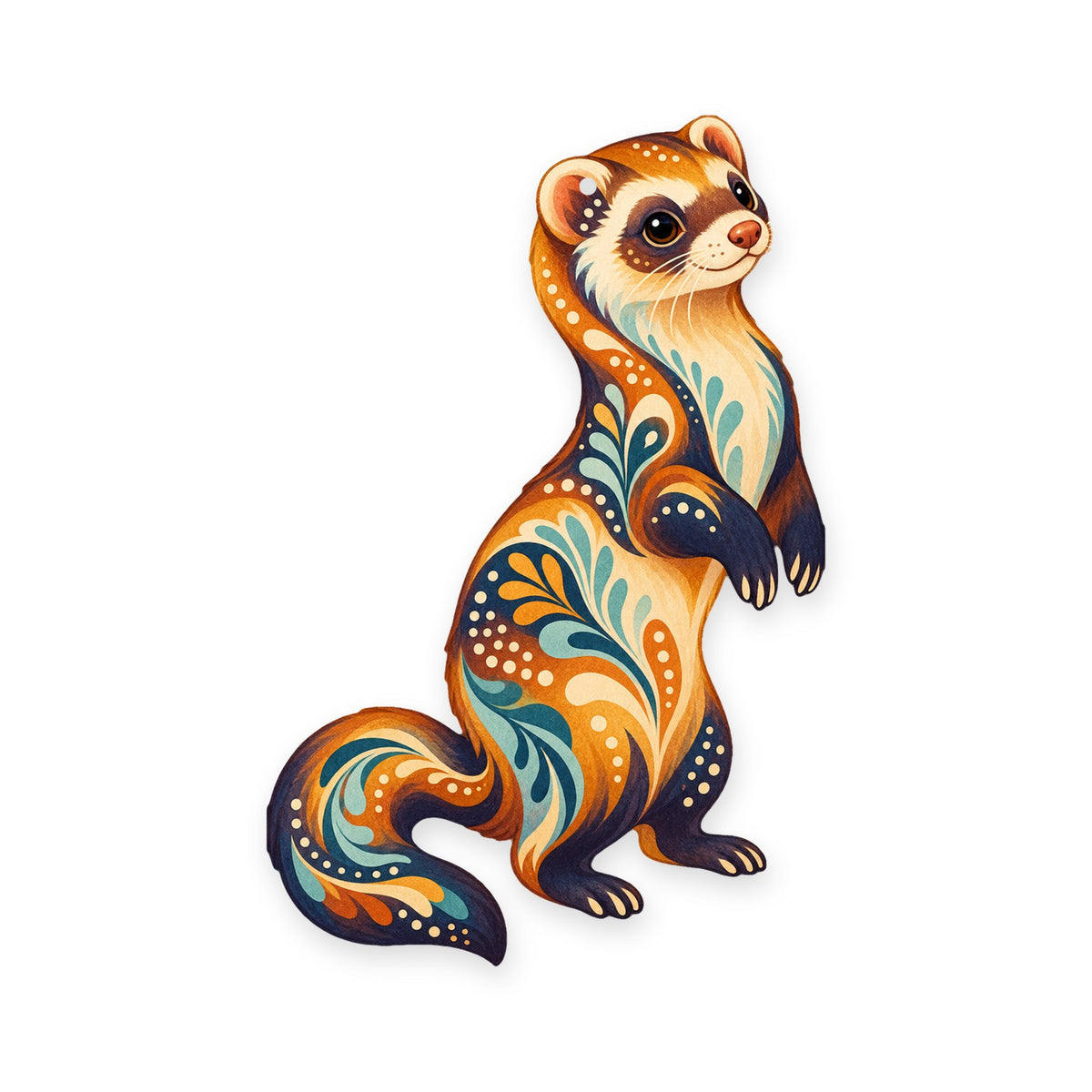 Ferret folk art ornament O474 on white, laser-cut maple wood, made in USA