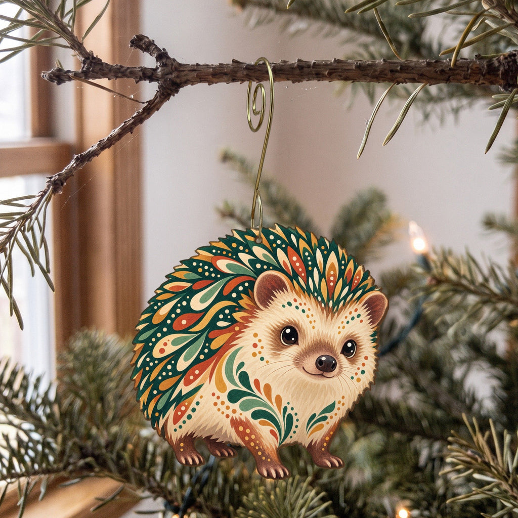 Laser-cut maple wood African Pygmy Hedgehog folk art ornament O475 hanging on a fir branch, made in USA