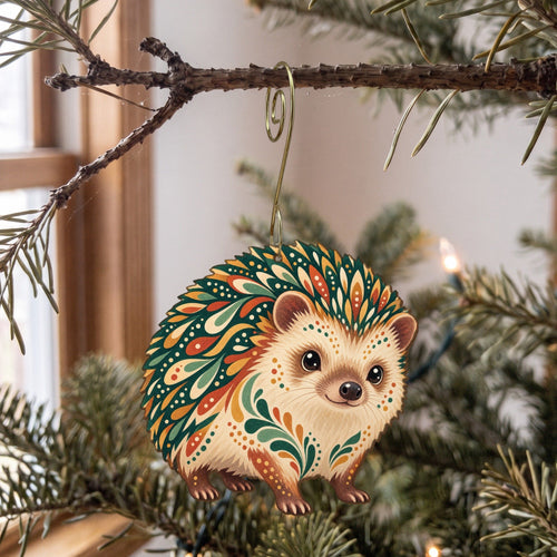 Laser-cut maple wood African Pygmy Hedgehog folk art ornament O475 hanging on a fir branch, made in USA