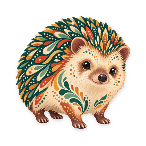 African Pygmy Hedgehog folk art ornament O475 on white, laser-cut maple wood, made in USA