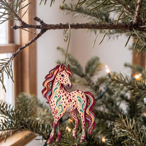 Laser-cut maple wood Appaloosa Horse folk art ornament O478 hanging on a fir branch, made in USA